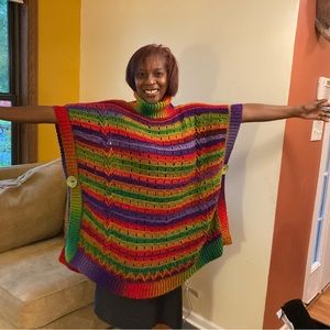Hand-crafted (crochet) turtleneck poncho); 32in length, 34in wide; unisex